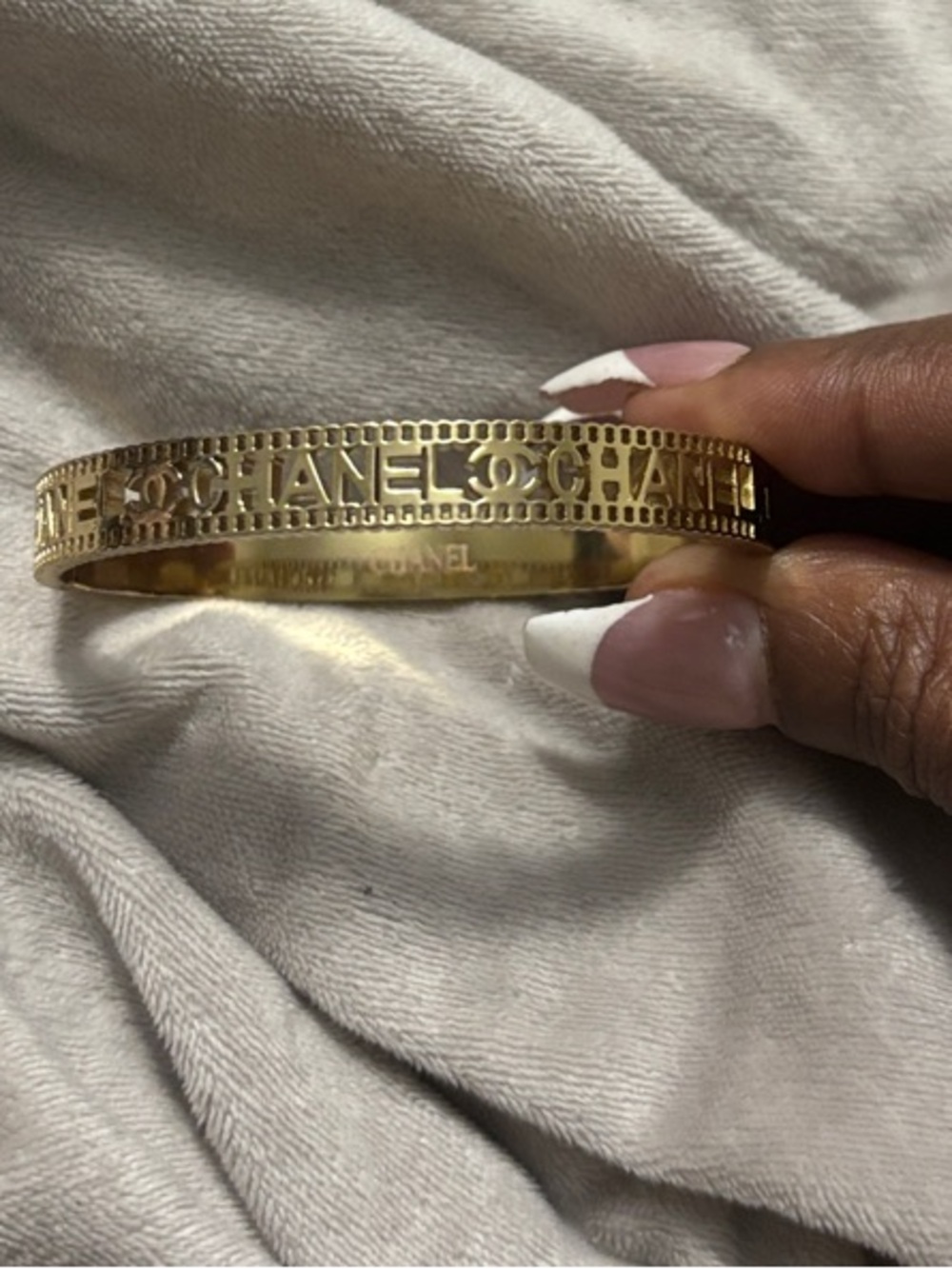 CHANEL Inspires Gold-Tone Cutout Logo Bangle Bracelet